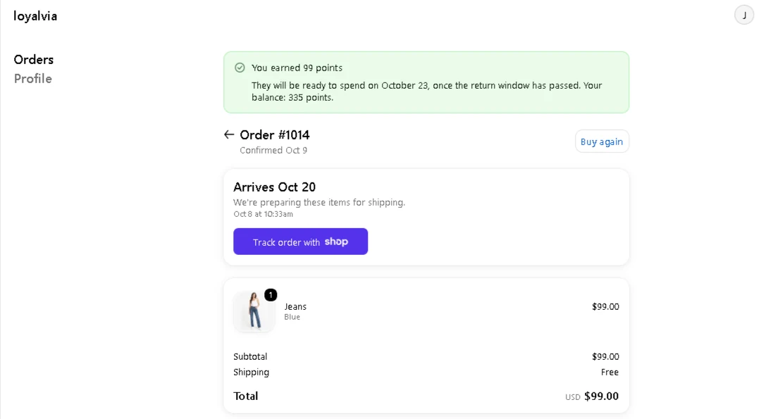 The Loyalty points block on an order status page.