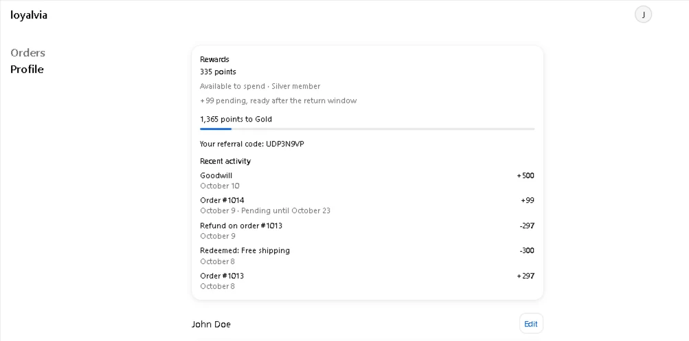 The Loyalty points block on the Profile page.