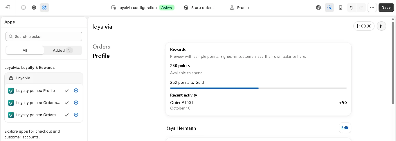 Shopify's editor on its Apps tab, with the three Loyalvia blocks.