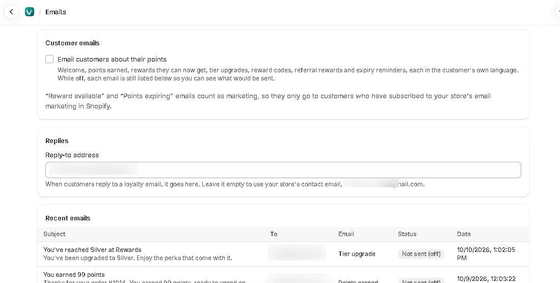 The Emails page, with recent emails at the bottom.