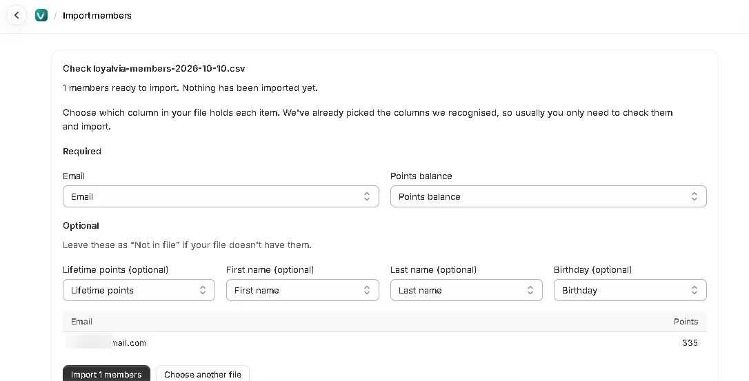 Checking an uploaded file: choose which column holds each item.