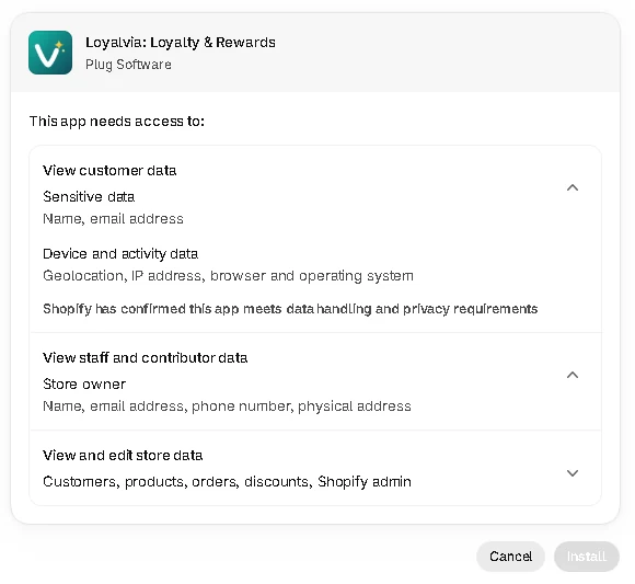 The permissions Loyalvia asks for when you install it.