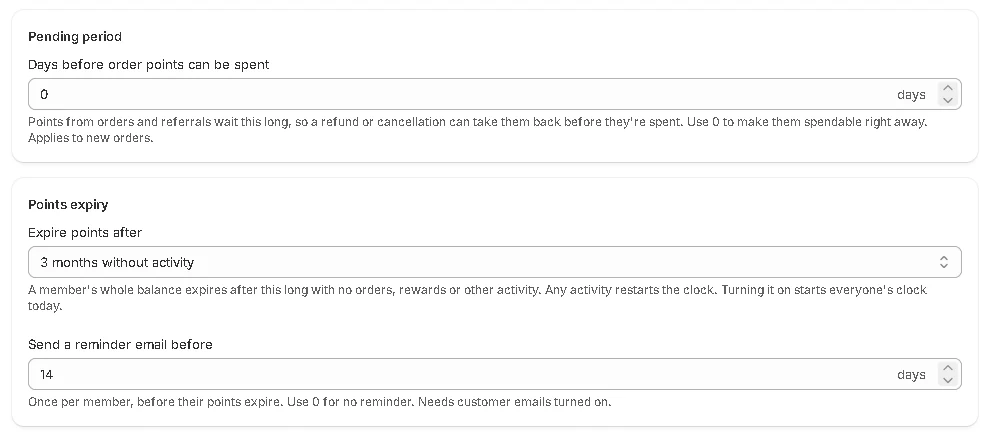 The Pending period and Points expiry settings.