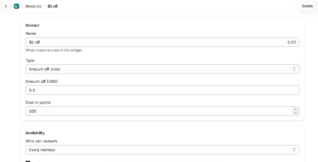 Editing a reward: its name, type, value and cost.
