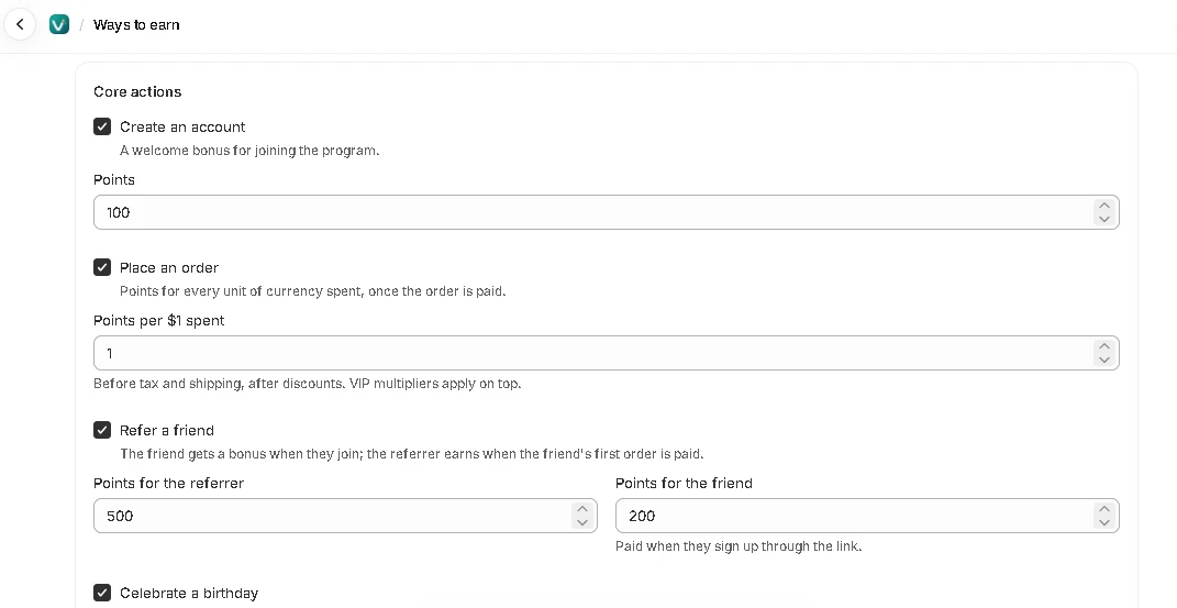Core actions: points for creating an account, placing an order and referring a friend.