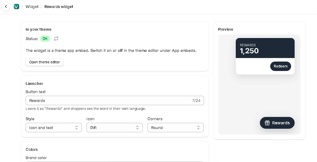Customizing the rewards widget, with a live preview.