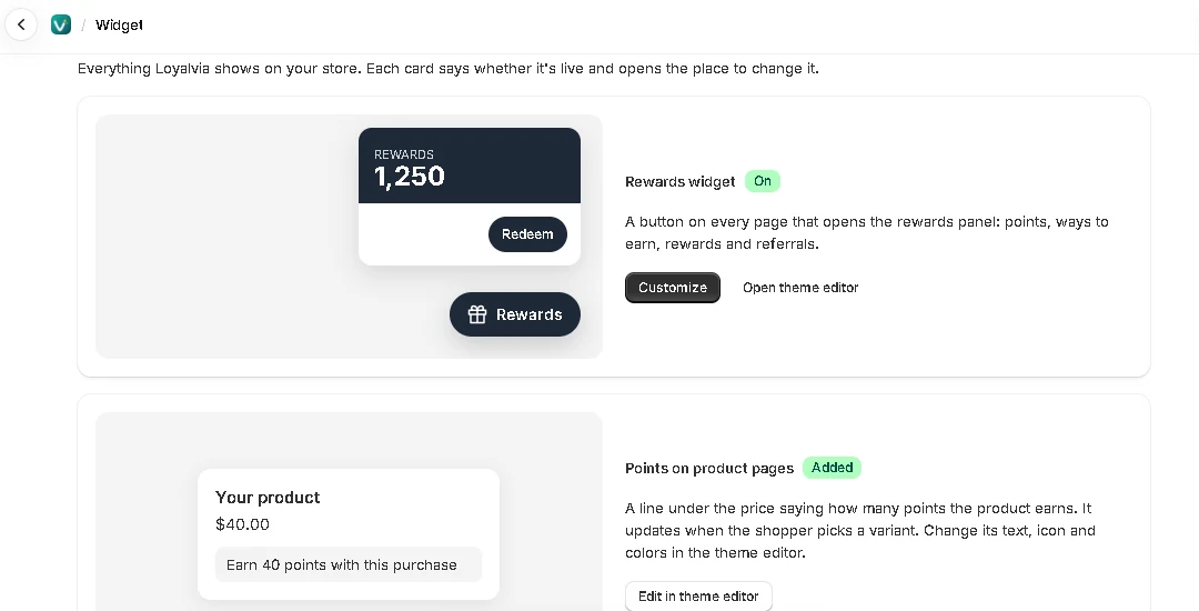 The Widget page: one card for each thing Loyalvia shows on your store.