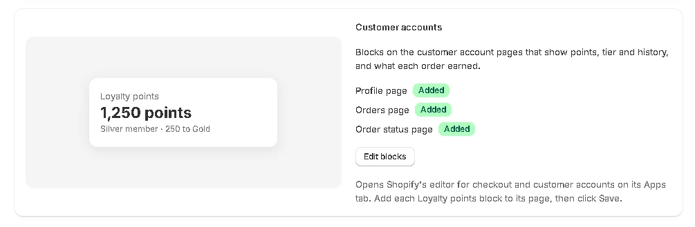 The Customer accounts card on the Widget page shows which pages have a block.