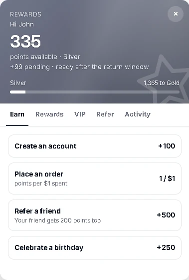 The rewards panel as a signed-in customer sees it.