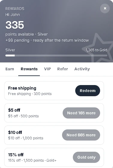 The Rewards tab: what a customer can redeem now, and how many points they need for the rest.